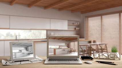 Architect designer desktop concept, laptop and tablet on wooden desk with screen showing interior design project and CAD sketch, blurred draft background, kitchen with island