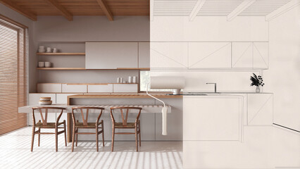 Paint roller painting interior design blueprint sketch background while the space becomes real showing minimal kitchen. Before and after concept, designer creative work flow