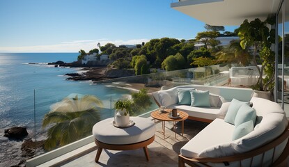 Fototapeta na wymiar Terrace with a view of the ocean, generative ai