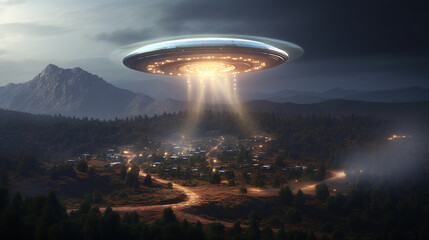 Extraterrestrial Visit: UFO Over the Cityscape - generative ai - obrazy, fototapety, plakaty