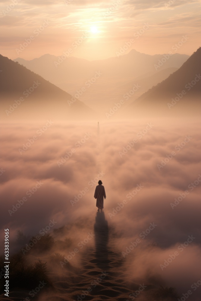 Poster a man stands on a path in the fog. generative ai image.