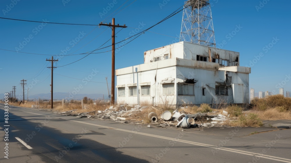 Poster a road with abandoned infrastructure building on it. generative ai image.