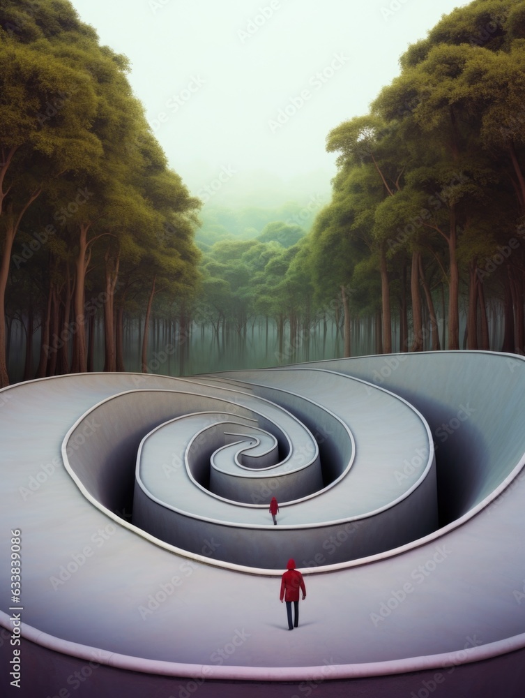 Poster a person walking through a spiral tunnel in the forest. generative ai image.