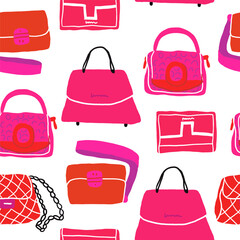 Woman Bags Seamless Pattern. Tiled vector background with women handbag stylish fashion accessories on white background. Vector illustration