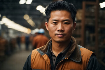 Fototapeta premium Male factory worker, construction industry background.