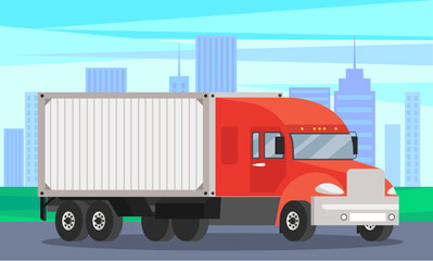 Delivery truck rides on road against background of tall buildings. Wagon with trailer for transporting goods worldwide. Vehicle for transportation and shipping. Delivery of parcels by transport