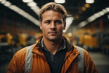 Male factory worker, construction industry background.