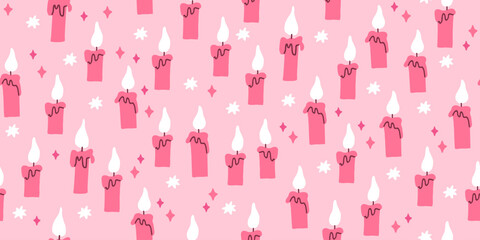 Pink Halloween pattern. Pink candles and stars on pink background. Romantic valentines day pattern in hand drawn style. Vector illustration - 633840033