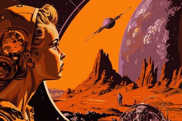 Retro Future 1960’s Style Image of a Space Looking Out a Window at an Alien Planet. Vector Art. Science Fiction Landscape. Graphic Novel, Video Game, Anime, Manga, or Comic Style Illustration.
