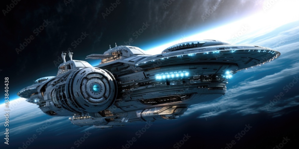 Poster the advanced and futuristic exploratory science carrier spaceship. generative ai aig27.
