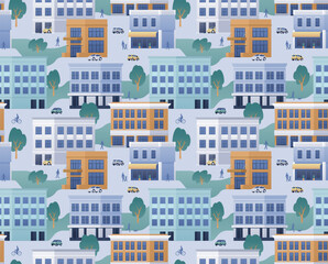 Flat seamless vector pattern of downtown with buildings, cars and people. Cartoon city wallpaper for home decoration, fabric, card, print, poster and other.