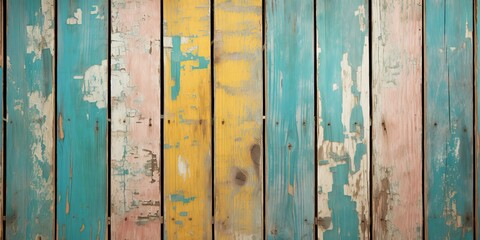Texture of vintage wood boards with cracked paint of yellow, blue and green color. Horizontal retro background with old wooden plank of different colors