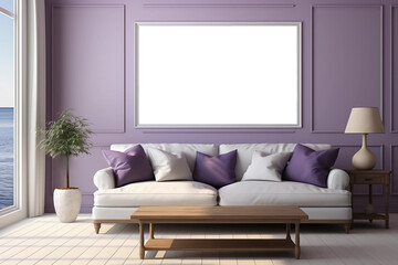 Fototapeta na wymiar Light purple painted beach house with luxurious sofa. Generative AI 