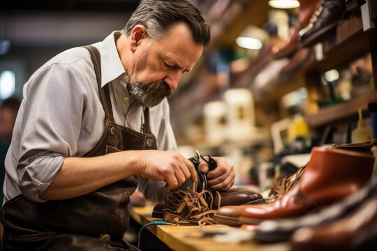 Master mending shoes in the workshop. Generative AI