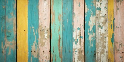 Fototapeta premium Texture of vintage wood boards with cracked paint of yellow, blue and green color. Horizontal retro background with old wooden plank of different colors
