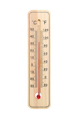 Wooden outdoor thermometer object white background.
