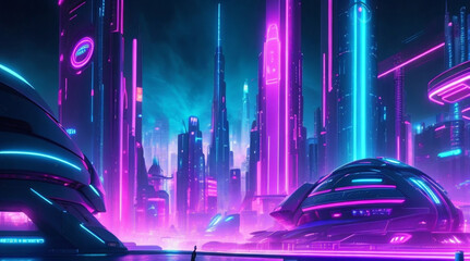 futuristic cityscape illuminated with neon lights and holographic displays