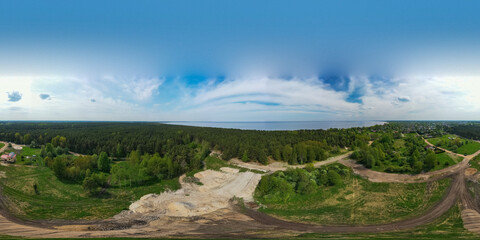 360 panorama view. Top drone view of construction site in forest. White sand. Nature of Jurmala. Baltic sea.
