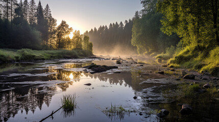 Morning on the river in the forest