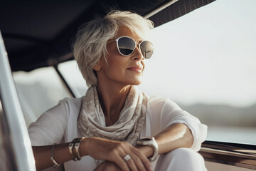 Elegant wealthy mature woman with white hair and sunglasses sitting and sailing on luxury yacht