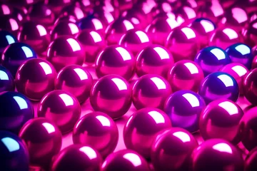 Poster Abstract realistic spheres, glossy plastic balls on toning in Viva Magenta background, 3d rendering. Trendy creative design in color of 2023.   © CREAM 2.0