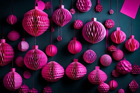 Trendy decorative paper Christmas tree baubles, DIY project, Organic Modern Design, Festive Honeycomb Foldable 3D balls, plastic free. Image toned in viva magenta, color of the year 2023  
