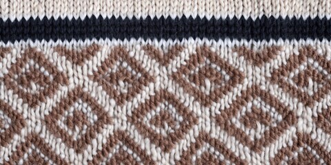 Fototapeta premium Wool sweater texture of light brown, dark brown and white color with geometric ornament. Natural knitted wool material. Horizontal background with knitted fabric texture