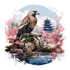 A peaceful Amerikan Eagle T-Shirt Design set in a tranquil zen garden, with the eagle perched on a stone lantern, Generative Ai