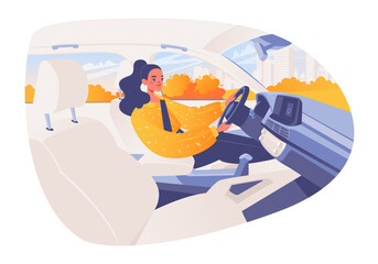Girl behind wheel. Young woman driving to work. View of interior of car from inside. Dashboard and steering wheel, from windows of car can see landscape with skyscrapers. Flat cartoon illustration.
