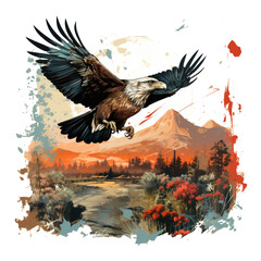 A nostalgic Amerikan Eagle T-Shirt Design with a vintage postcard aesthetic, featuring an eagle in flight over a serene countryside, Generative Ai