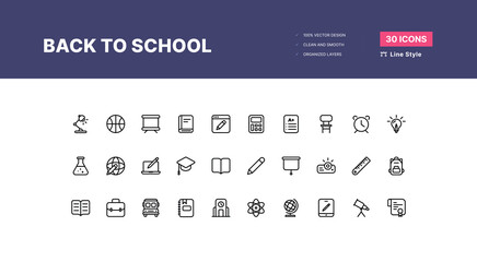 Fototapeta na wymiar 30 Back to School Icons Pack - Line Style