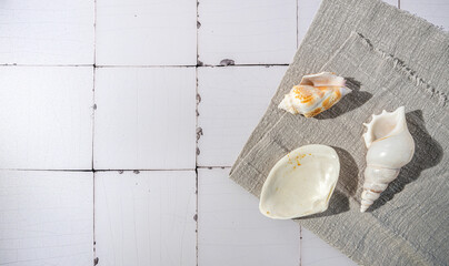 Schöne, dekorative Muscheln aus dem Meer liegen auf weißen Kacheln, Fliesen. Sammlung im Urlaub zur Erinnerung an den Strand und die Reise. Tabletop, Schärfe liegt auf den Muscheln im Glas. Querformat © Sonja