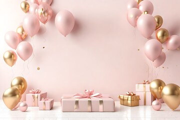 Poster mock up 3d render interior scene. Pastel pink and gold balloons with gift boxes on the white floor. Glass and metal elements in illustration for social media