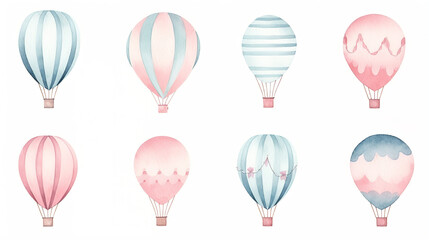 Air Balloons. Hand drawn Watercolor illustration with light blue and pink round Ballons. Cute set for birthday party