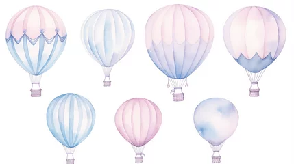 Wall murals Air balloon Air Balloons. Hand drawn Watercolor illustration with light blue and pink round Ballons. 