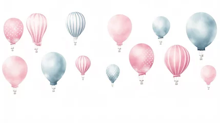 Papier Peint photo Montgolfière Air Balloons. Hand drawn Watercolor illustration with light blue and pink round Ballons. 