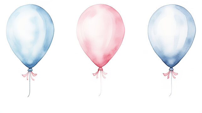 Air Balloons. Hand drawn Watercolor illustration with light blue and pink round Ballons. 