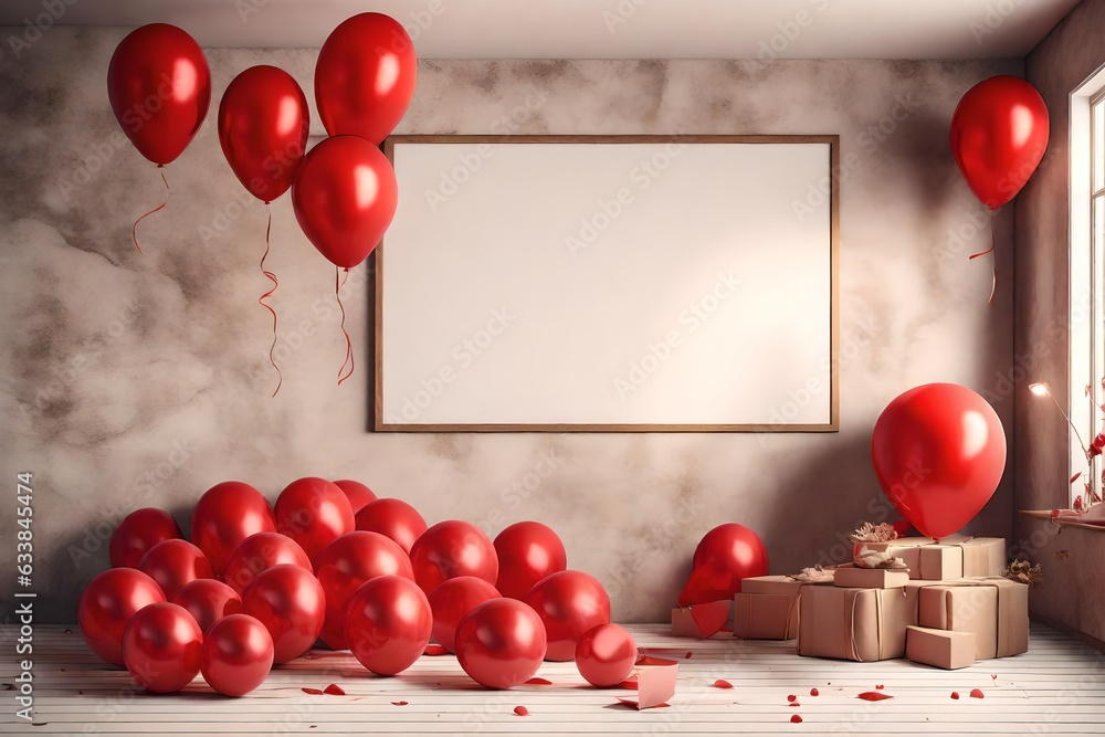 Wall mural mock up poster in interior background with red balloons, 3d render - Wall murals