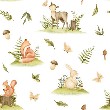 Seamless Pattern with Forest Animals and plants. Hand drawn watercolor illustration of woodland backdrop with deer and fox for childish textile or wrapping paper on isolated background. Baby ornament.