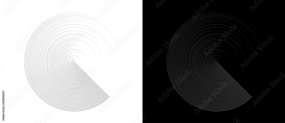 Poster Abstract background with circles. Art lines graphic design. Black shape on a white background and the same white shape on the black side.