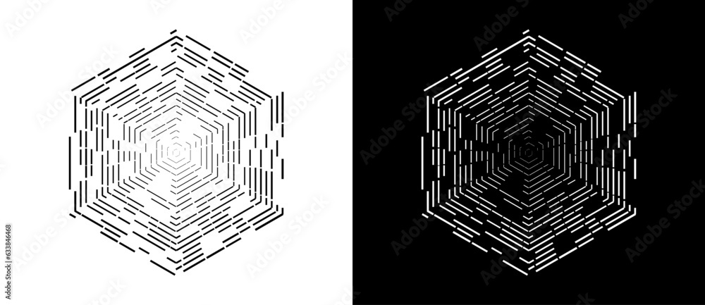 Poster Abstract art geometric lines in hexagon shape. Decorative pattern background or icon. Black shape on a white background and the same white shape on the black side.