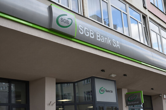 SGB Bank SA signage, logo, emblem on the facade of the bank branch. POZNAN, POLAND - JULY 20, 2023