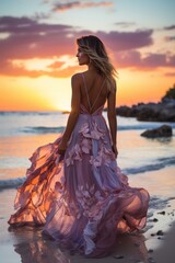 Seductive blonde woman in sexy dress posing on the beach in sunset light. Perfect wavy hairs, tan skim body. Summer tropical mood. View from back.