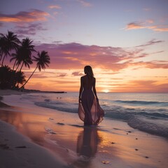 Fototapeta premium Seductive blonde woman in sexy dress posing on the beach in sunset light. Perfect wavy hairs, tan skim body. Summer tropical mood. View from back.