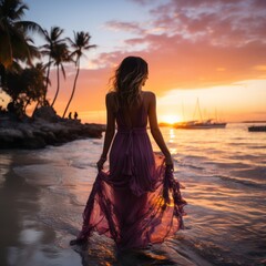 Seductive blonde woman in sexy dress posing on the beach in sunset light. Perfect wavy hairs, tan skim body. Summer tropical mood. View from back.