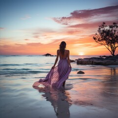 Fototapeta premium Seductive blonde woman in sexy dress posing on the beach in sunset light. Perfect wavy hairs, tan skim body. Summer tropical mood. View from back.