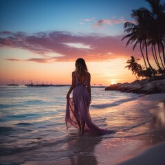 Fototapeta premium Seductive blonde woman in sexy dress posing on the beach in sunset light. Perfect wavy hairs, tan skim body. Summer tropical mood. View from back.