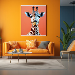 Contemporary orange living room interior design with portrait of a giraffe. Created using generative AI