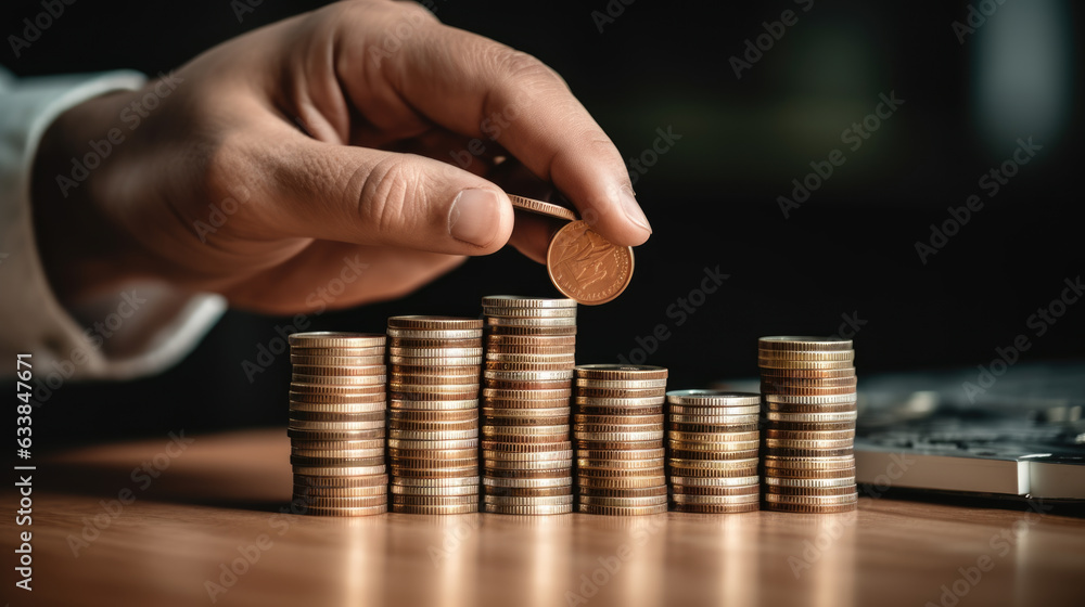 Poster mhand put coins to stack of coins on dark background. created with generative ai technology.