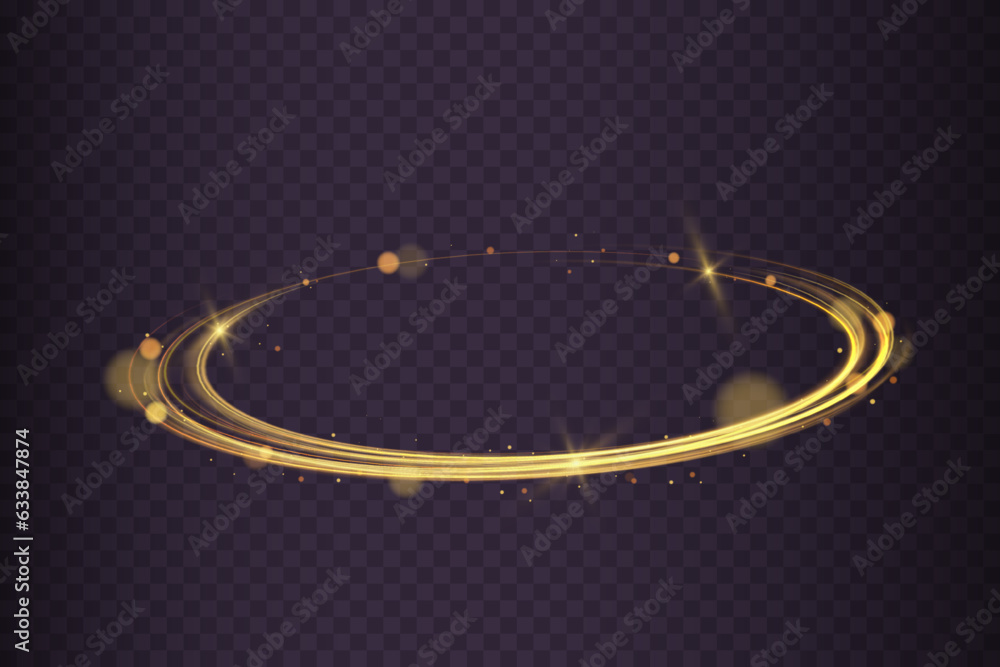 Poster glittering wavy trail. golden glowing shiny spiral lines effect. curved yellow line light. swirling 